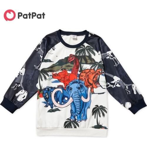 PatPat Kid Boy Animal Elephant Dinosaur Tree Print Pullover Sweatshirt