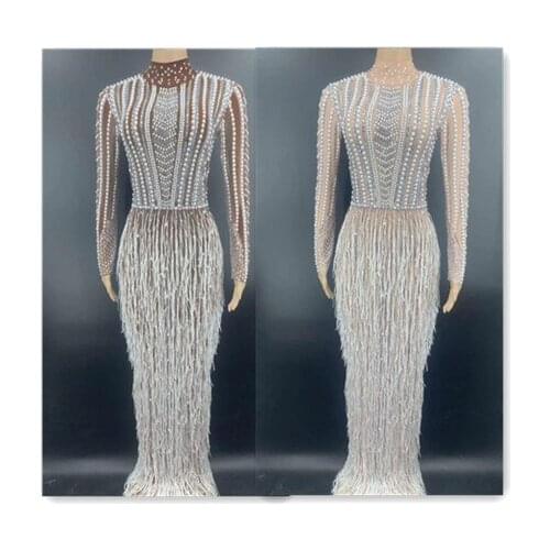 H118 Pearls Diamond New Rhinestone Long Sleeves Jumpsuit Celebration Show Stage Nightclub Bar Rave Skinny Fashion Singer Party