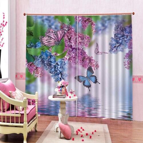 Idyllic flower butterfly Reflection in water Curtain Polyester Fabric For Living room Bedroom Half-Blackout Drapes Sets