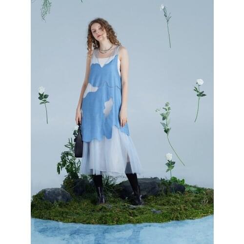 IRINACH383 Spring Summer 2021 Original Design New Arrivals See Through Organza Patchwork Long Sleeveless V Neck Dress Women