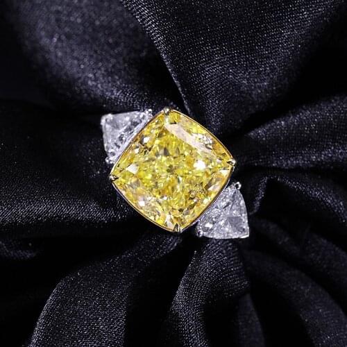 Solid 18K White Gold Center 4.2ctw Yellow Moissanite Cushion Cut Ring Side Triangle Lab Diamond Engagement Ring for Women