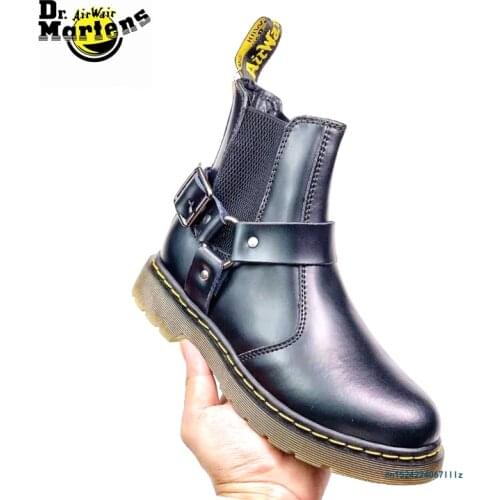 Dr.Martens Men and Women Laceless Buckle Strap Slip On Doc Martin Chelsea Boots Unisex No-Slip Wearable Cow Leather Casual Shoes