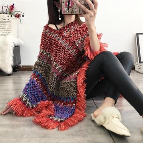 New Female Fashion Bohemian Poncho Cloak Tassel Winter Clothing Pullover Women Knitting Poncho Capes Autumn