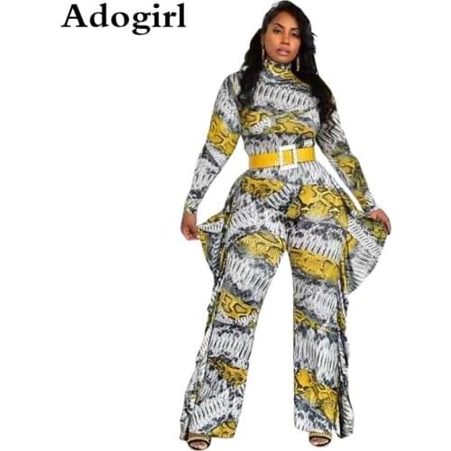 Side Ruffle Bandage Jumpsuit Novelty Printed Fashion Lady Jumpsuit 2019 Autumn Turtleneck Long Sleeve Skinny Night Club Overalls