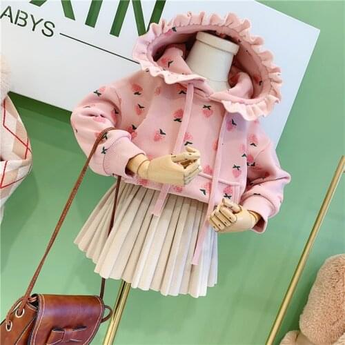 Baby girl clothes thick winter warm sweater sweet cute little strawberry print hooded lace collar plus velvet sweater baby top