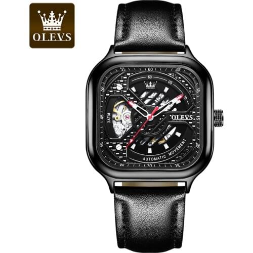 OLEVS Fashion Retro Mens Automatic Mechanical Watch Top Brand Luxury All Black Design Luminous Hand Hollow Waterproof Watch