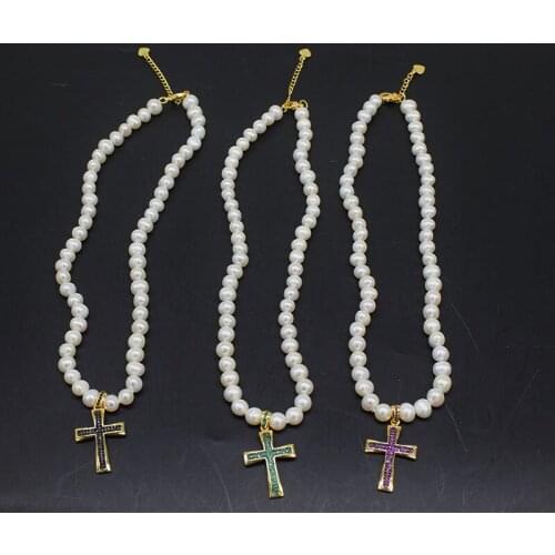 Freshwater Pearl white near round chocker Necklace zircon cross pendant necklace 40cm Wholesale for women xmas gift