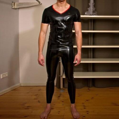 Sexy Black Short Sleeve Mens Neck Entry Latex Rubber Catsuit Feitsh Round Collar Customize