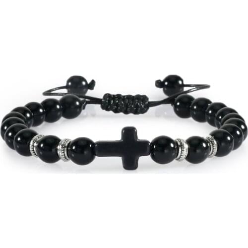 Men Women Braided Bracelet 8MM Natural Stone Christian Bless Jesus Cross Hematite Bead Bracelets Bangles Prayer Handmade Jewelry