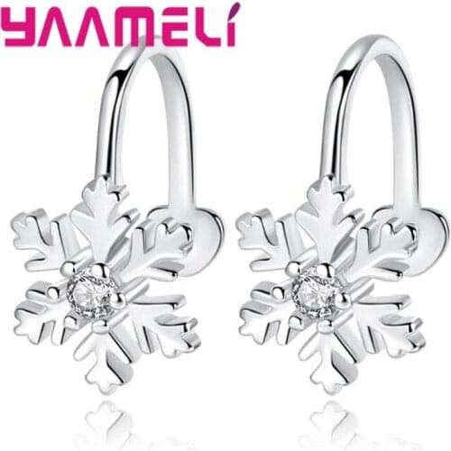 Luxury 925 Sterling Silver AAA Zirconia Women Fashion Cute Snow Flower Dangle Huggie Earrings Daughter Girls Xmas Gift