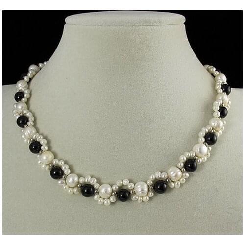 Unique Pearls Jewelry Store Agates Pearl Necklace Black Agates White Round Freshwater Pearl Necklace Handmade Fine Jewelry