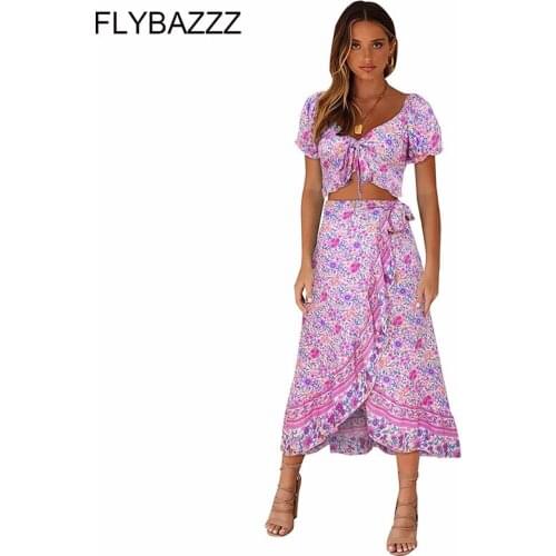 Women Boho Beach Dress Two Piece Set Summer Dress 2020 Flower Printed Bow Tie Crop Top Sexy Midi Dress Plus Size Ruffle Vestidos