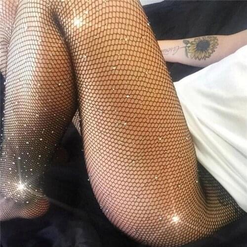 2021 Women Leggings High Street Sexy Diamond Patchwork Mesh Tights Skinny Pantyhose Stockings Pants Black Color Fishnet