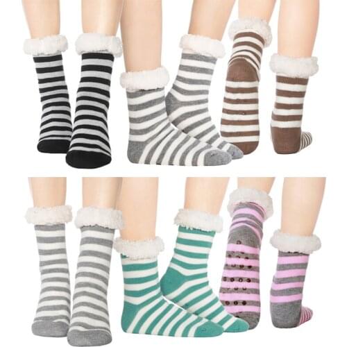 FRALOSHA Three Pairs Indoor Women Socks Print Stripe Winter Fleece Sock Thicker Anti-slip Floor Socks Carpet Thicken Socks