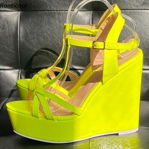 Ronticool Handmade Women T-Strap Sandals Patent Buckle Strap Wedges Heels Open Toe Charm Yellow Pink Party Shoes US Size 5-20
