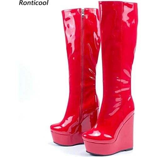 Ronticool Fashion Women Winter Knee Boots Wedges High Heels Round Toe Gorgeous Red Pink Burgundy Party Shoes Plus US Size 5-20