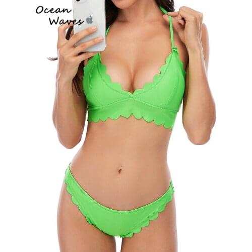 Women Solid Bikini Set Wavy Edge Swimwear Quick-Drying Bra Scalloped Flounced Trim High Waisted Swimsuit Underwear Two Pieces