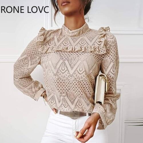 Women Solid Lace Frill Hem Hollow Out Long Sleeve Top Women Tops and Blouses