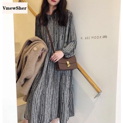 VmewSher New 4XL Spring Women Dress O-neck Puff Long Sleeve Print Mid-calf with Sashes Elegant Chiffon Dresses Loose Plus Size