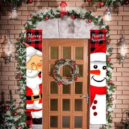 1pairt Cartoon Merry Christmas Couplet Santa Snowman Curtain Door Hanging Ornament New Year Party Decor Curtain Window Banner