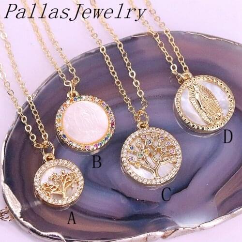 10Pcs Clear/Rainbow CZ Micro Pave Virgin Of Mary Charm Shell Pendant Necklace, Round Shaped Religious/Tree Charms