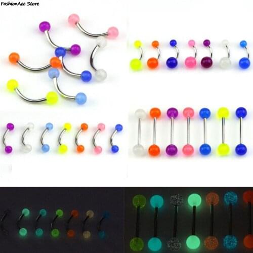 7Pcs Glow In The Dark Luminous Barbell Tongue Rings Body Piercing Jewelry Flexible Nipple Bar Rings Barbell