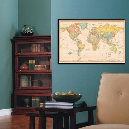 80*60cm Map of The World with Details HD Printed Canvas Painting Retro Wall Art Poster School Supplies Living Room Home Decor