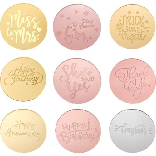 Acrylic Happy Christmas Birthday Cupcake Topper Rose Gold Silver Gold 3D Round Cake Topper Halloween Party Cake Decorations 5 cm