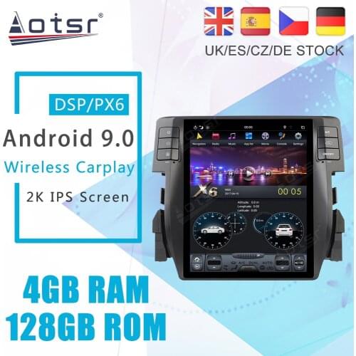 Android 9.0 PX6 Tesla For Honda Civic 10 FC 2015 - 2020 Car DVD Player GPS Navigation DSP Auto Radio Stereo Video Headunit 2Din