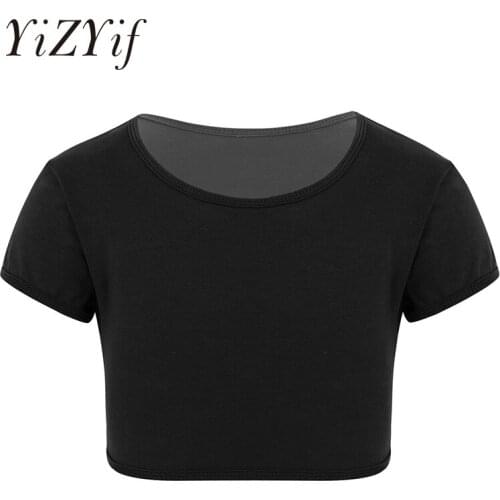 Kids Girls Dancewear Plain Short Sleeves T Shirt Crop Top for Belly Dance Sports Gymnastic Daily Wear Jazz Ballet Dance Crop Top