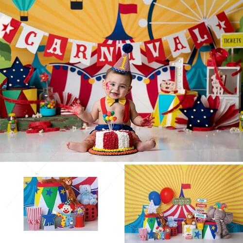 Circus Carnival Newborn Animals Birthday Backdrop Photo Studio Yellow Stripes Kids Cake Smash Background Fun Cream Decorations