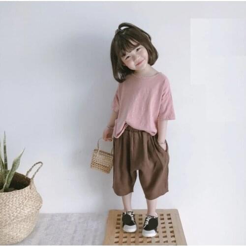 Toddler Baby Girls Clothes Set Summer Children Outfit Suit Kids Cotton Tops and Linen Knee Length Pants 2Pcs Set solid