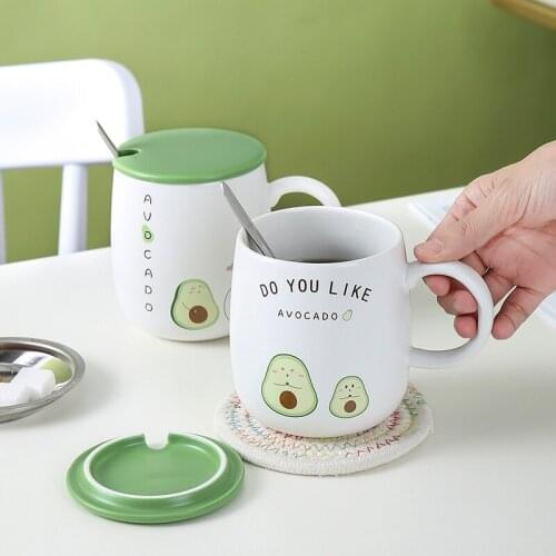 400ML Creative Ceramic Coffee Cup Avocado Mug With Lid Spoon Milk Breakfast Mug With Handle Ceramic Cup Office Cute Water Cup