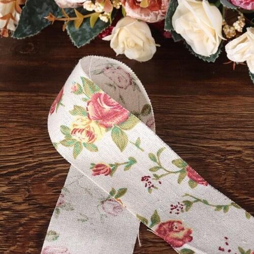 3M Linen Ribbon Vintage Rose Floral Print Burlap Hessian Ribbon For Wedding Party Decoration DIY Party Candy Jars Table Napkin