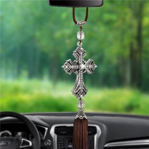 Metal And Crystal Diamond Cross Jesus Christian Car Rear View Mirror Car Pendant Hanging Car Styling Accessories Auto Decoration