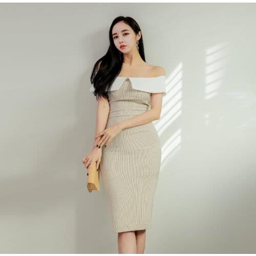 New arrival fashion spring midi party dress women OL temperament elegant sexy off-shoulder plaid print ruffle slim pencil dress