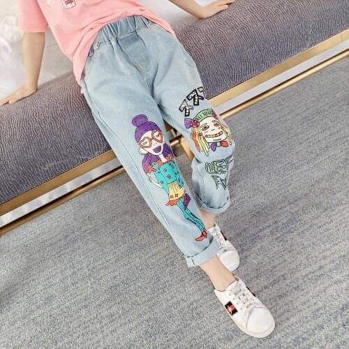 New 2020 Spring Autumn Boys Girls Cute Cartoon Print Long Pants Jeans Fashion Children Loose Denim Trousers for 3-13 Years