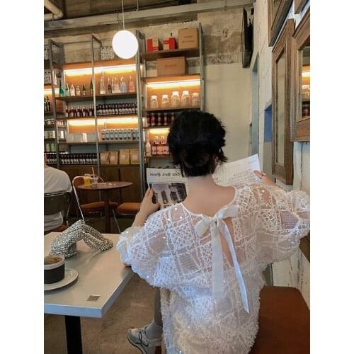 Heavy Sequins White Dress for Women Loose Straight Puffed Sleeves Bow Dresses Elegant Office Lady Dresses Vestido Feminino