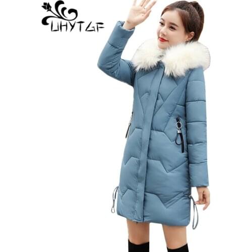 UHYTGF Casual woman winter down jacket warm Parker coat mid-length fur collar hooded cold-proof Female jacket 3XL plus size 1782