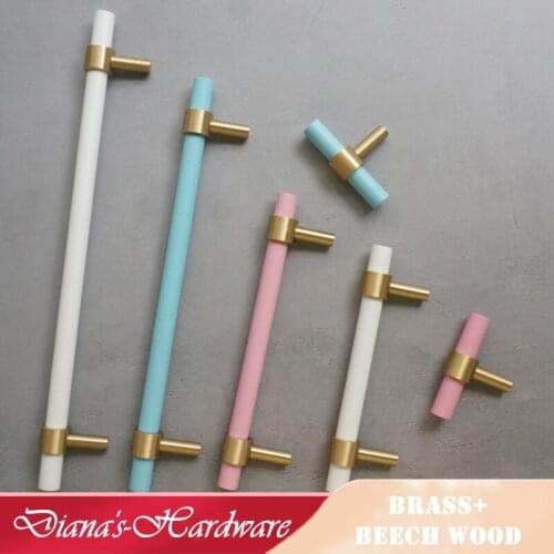 Simple Brass + Beech Handle Colored Wood Pink Blue Kitchen Cabinet Knobs Cabinet Door Handles Drawer Pulls Furniture Decor