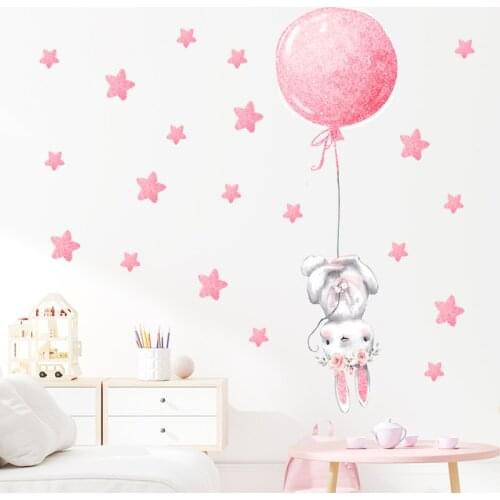 Rose Gold Pink Girl Bunny with Hot Air balloon Wall Stickers for Kids Room Baby Nursery Room Decorative Stickers for Girl Decals