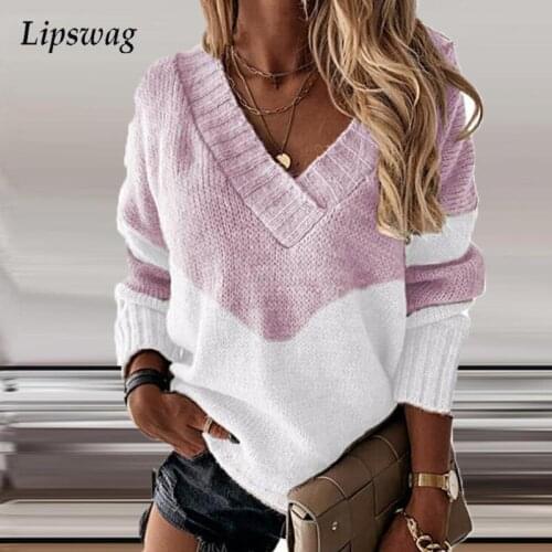 2021 Warm Women Sweater Autumn Winter Elegant V Neck Knitted Sweater Fashion Patchwork Loose Ladies Casual Jumper Streetwears