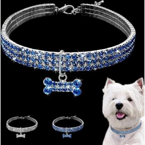 Lady-level Teddy Birthday Gift Decoration Blue White Fashion Shiny Three Row Rhinestone Bone Pendant Puppy Dog Collar Pet Supply