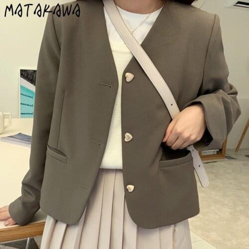 Matakawa Tailored Coat Autumn Vintage Elegant V Neck Heart Print Buttons Blazer Solid Fashion Short Temperament Woman Jacket