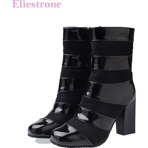 Brand New Novelty Red Black Women Mid Calf Riding Boots Fashion High Heels Lady Casual Shoes SX8 Plus Big Small Size 10 32 45 47