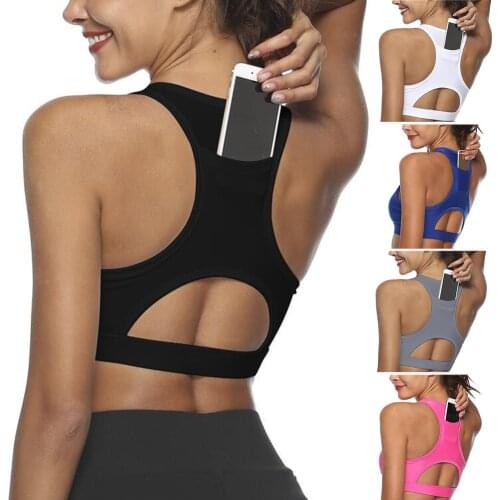 Women Stretch Phone Pocket Hollow Workout Padded Tank Top Gym Running Yoga Sports Bra
