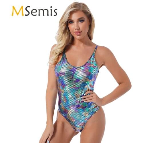 Womens Metallic Shiny Faux Leather Bodysuit Spaghetti Strap Snakeskin Printed Clubwear Scoop Neck Sleeveless Pole Dance Costume