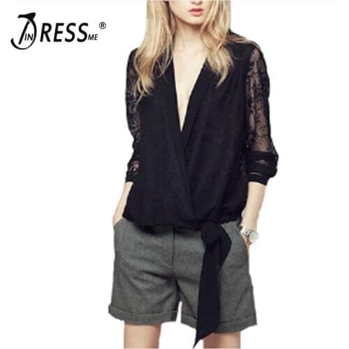 INDRESSME Summer New Lace V Collar Hollowed Long Sleeved Lace Ladies And European And American Eugen Yarn Splicing