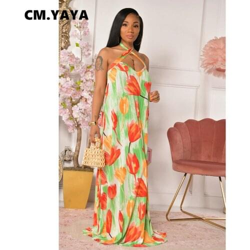 CM.YAYA Women Dress Print Sleeveless Spaghetti Strap Halter Back Hollow Out Loose Floor-length Desses High Streetwear Summer