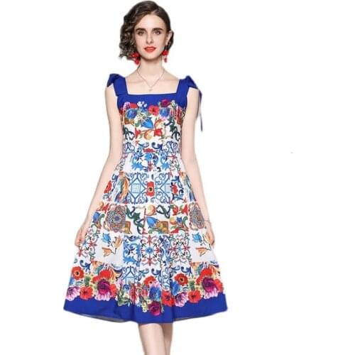 Runway Summer Dress Women 2021 Spaghetti Straps Vacation Sundress Blue And Whtie Porcelain Floral Midi Long Dresses Woman